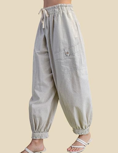 Esmeling Women Casual Striped Parachute Pants Elastic Waist Drawstring Trousers Loose Pants with Pockets4