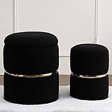 Furnimart Round Black Velvet Storage Ottoman Set of 2, Modern Upholstered Vanity Ottoman Footrest Stool Indoor Ottoman for Entryway Living Room Bedroom Dining Room (Teddy-Black)