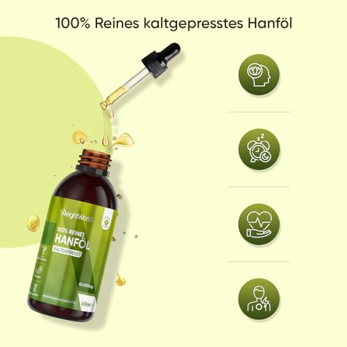 Hanföl Tropfen 60ml - 2000mg reines Hanfsamenöl - Veganes Hanfsamen Öl kaltgepresst - Hemp Oil - Glutenfrei - Von WeightWorld