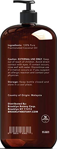 Brooklyn Botany Fractionated Coconut Oil for Skin – 100% Pure and Natural – Carrier Oil for Essential Oils, Aromatherapy and Massage - Moisturizing Skin, Hair and Face – Therapeutic Grade - 16 fl Oz