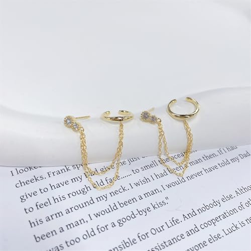 Double Layer Chain Ear Cuff Halo Round Cut CZ S925 Sterling Silver Stud Earrings for Women 14k Gold Plated Cartilage Clip on Huggie Hoops Climber Crawler Long Chain Dangle Drop Fashion Jewelry Bff2