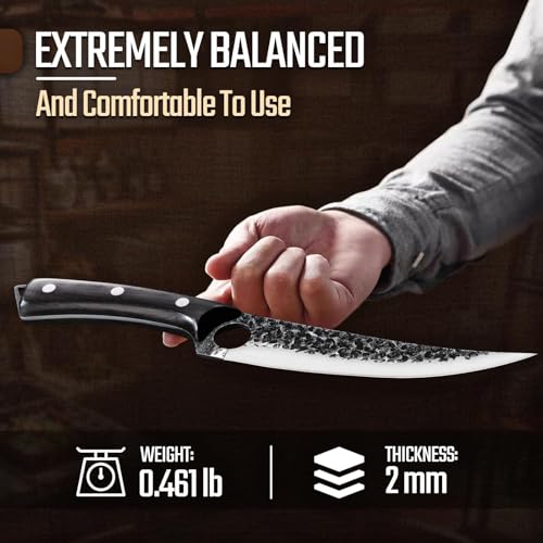 Huusk Viking Boning Knife 6 inch, Japanese Boning Knives for Meat Cutting, Full Tang Fillet Knife with Sheath, Brisket Trimming Knives for BBQ, Camping, Christmas Gift for Men and Women