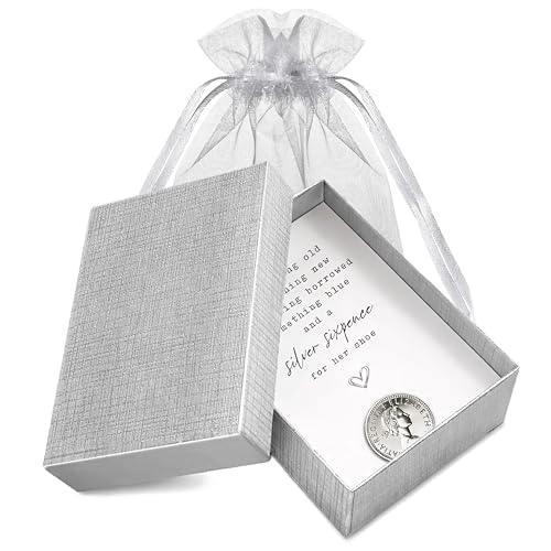 Something Old Something New Something Borrowed Something Blue and a Silver Sixpence for her Shoe - Good Luck Keepsake Wedding or Bridal Shower Gift for Bride - Authentic British Coin Charm in Gift Box with Greeting Card