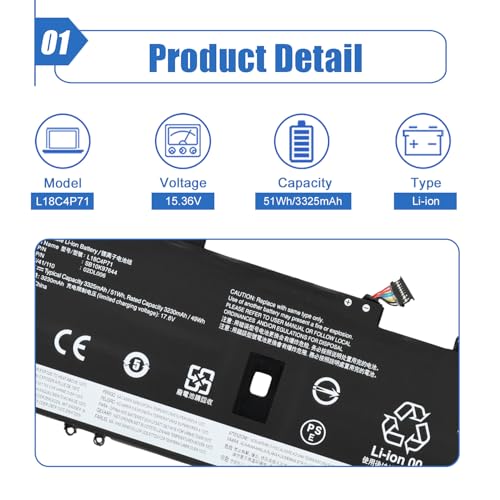 Image of 51Wh L18C4P71 Battery Compatible with Lenovo Thinkpad X1 Carbon 7th 8th Gen | Replacement For Lenovo ThinkPad X1 Yoga 4th 5th Gen Series, L18L4P71 SB10K97642 SB10K97643 02DL004 02DL005 02DL006, 15.36V