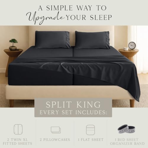 Image of KARISSA MAE Luxury Bamboo Viscose Split King Size Sheet Set, FSC Certified | Includes 2 Twin XL Fitted Sheets | Sleep Number & Adjustable Bed | Cooling | 18 inch Deep Pocket w / Corner Straps [Black]