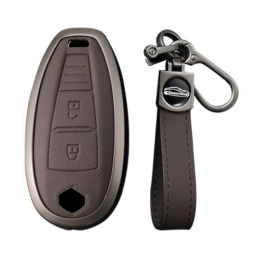 KUNIO Leather Metal Car Key Fob Cover Case Fit for Suzuki Swift Ignis Grand Vitara SX4 Baleno S-Cross Key Shell Keychain Accessories 3 Button Brown-Long Keychain