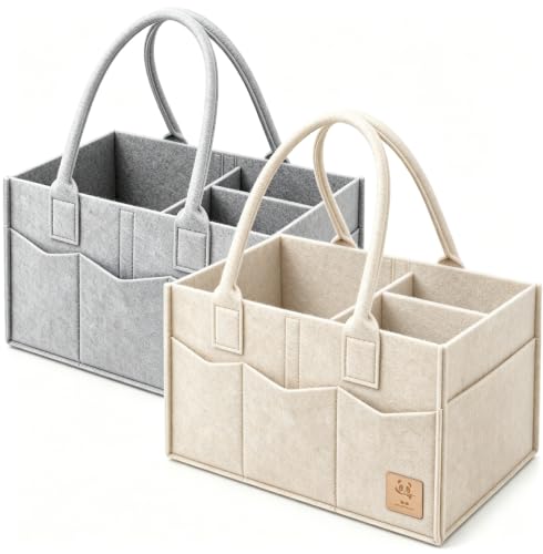 HIPHOP PANDA 2-Pack Diaper Caddy Organizer - Newborn Essentials Baby Registry Must Haves - Sturdy Nursery Storage Bin & Portable Car Caddy for Diapers & Wipes - Grey/Oatmeal Gift Set