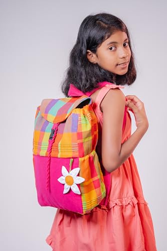 Multicolor Cotton Backpack with Daisy Accent, Pink and Orange Plaid Pattern3