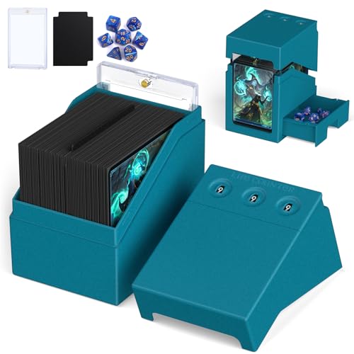 Proijeut Mtg Deck Box with Life Counter Commander Deck Box Fits 100 Double-Sleeved Cards Magic Card Storage Box with Commander Display & Dice Tray Fit for MTG TCG CCG (Teal)