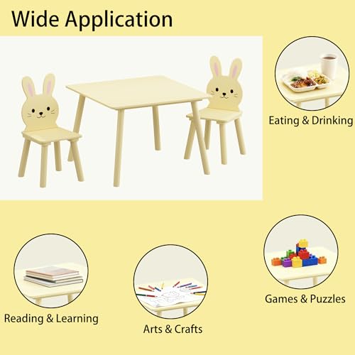 Image of Wood Table & Chairs 3 Pieces Set, Boys Girls Activity Table w / 2 Animal Shaped Chairs, Solid Wood Legs, Safe Rounded Corners, Playroom Furniture for Boys & Girls Activity Dining Drawing Craft.