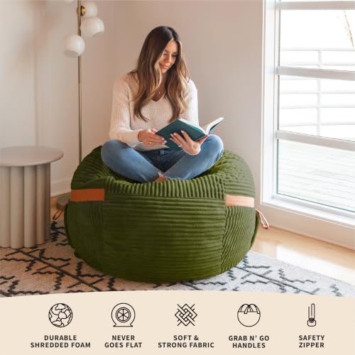 Image of Big Joe Fuf 4Ft Foam Bean Bag Chair with Removable Cover for Kids, Teens, Moss Green, Corded Plush, 4 Foot Large Reading and Gaming Seat
