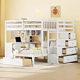 RuiSiSi Full Over Twin Bunk Bed with Stairs & Desk, Solid Wood Loft Bed with Storage Shelves and Drawers, Stairway Bunk Beds with Desk and Storage for Kids Teens Adults, White