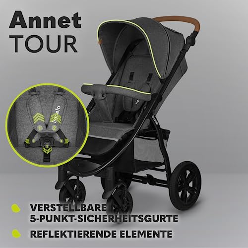 LIONELO Annet Tour Kinderwagen bis 22 kg, verstellbarer Griff, zusammenklappbar, verstellbare Rückenlehne bis zur Liegeposition, wartungsfreie Räder, XXL-Verdeck, 5-Punkt-Gurt, Einkaufskorb