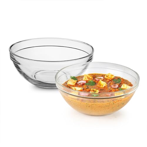 Cello Zenith Round Stack Serving & Mixing Bowl, Transparent | 2 X 500ml Bowls (14 cm)| Microwave & Dishwasher Safe Crystal Clear Glass Bowl for Kitchen & Dinning | Bowl for Mixing Dough, Salad, Batter