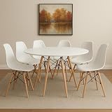 Conjunto de Mesa de Jantar Eames Eiffel Redonda 120cm Tampo de Madeira com 6 Cadeiras Eiffel Charles Eames (Branco)