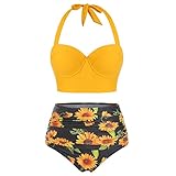 Ghazzi Women Swimsuits Two Pieces Push-Up Padd Overlay Sunflower Print Bikini Stripe Bathing Suits...