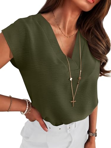 ANRABESS Women Tops Cap Sleeve Textured Dressy Casual V Neck Shirts 2026 Summer Business Work Blouses Outfits Army Green Medium