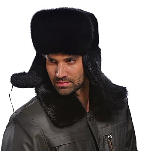 Men's Premium Mink Fur Russian Ushanka Trapper Hats (One Size, Black)