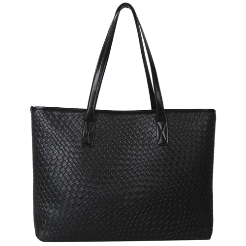 Kamsyluci Bolso de mano tejido para mujer, bolso de hombro tejido de gran capacidad, bolso de mano de cuero tejido, Grande negro, Talla única