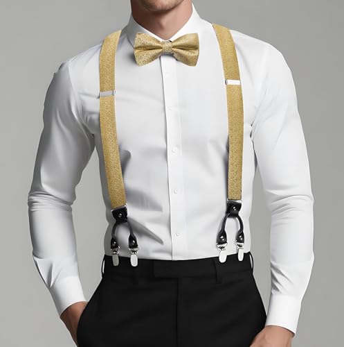 Image of Dubulle Suspender and Bow Tie for Men Paisley Solid Mens Suit Braces Pretied Bowtie and Handkerchief Cufflinks Formal Wedding