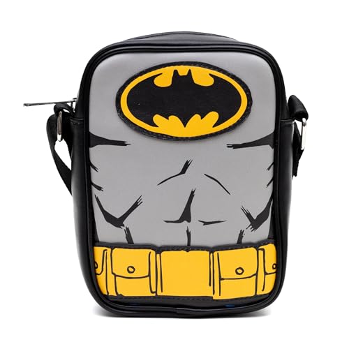 DC Comics Vegan Leather Round Crossbody Bag with Adjustable Straps, Batman Character Close Up with Bat and Belt Appliques, Black and Grey, Grey, 8.0" x 6.5"