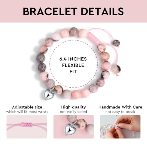 Adjustable Pink Natural Stone Heart Bracelet Birthday Gifts for age: 5-9 Year Old Daughter Daughter Big Sister Teen Girls Granddaughter Niece Girl,Christmas Gifts for Granddaughter Niece-572