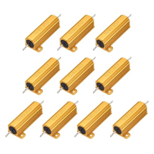 sourcing map 10pcs 50W 2.2 Ohm 5% Aluminum Housing Case Resistor, Wirewound Resistors Screw Tap Chassis Mounted, Gold