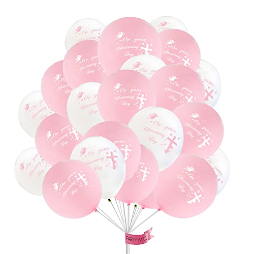 12 Pcs Cross Christening Balloons Pink and White Baptism Decorations Set