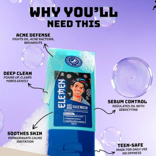 Image of Elemen Anti-Acne Face Wash for Boys (120ml) | Pimple Clear & Oil Control for Teens | Sebocytine Face Wash for Acne-Prone Skin | For Active Guys & Sports | Salicylic Acid free | Non stripping