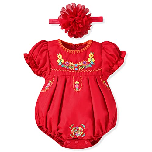 Image of HINTINA Newborn Baby Girl Mexican Ethnic Embroidery Floral Bodysuit With Headband