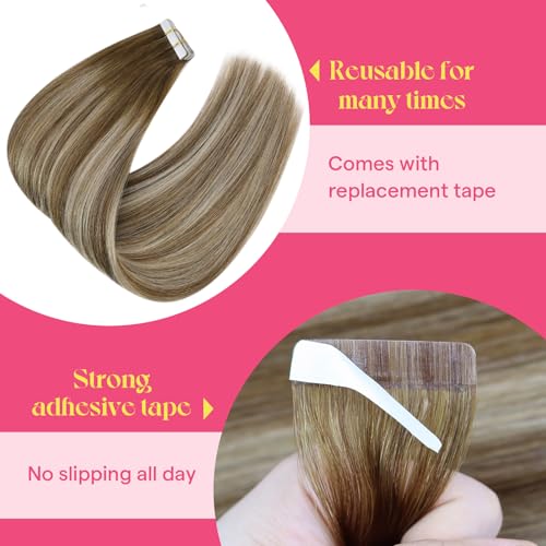 Image of Ve Sunny Hair Tape in Hair Extensions Human Hair | Medium Brown Root to Platinum Blonde Balayage,16Inch 50g 20Pcs,Skin Weft,for Daily Wear