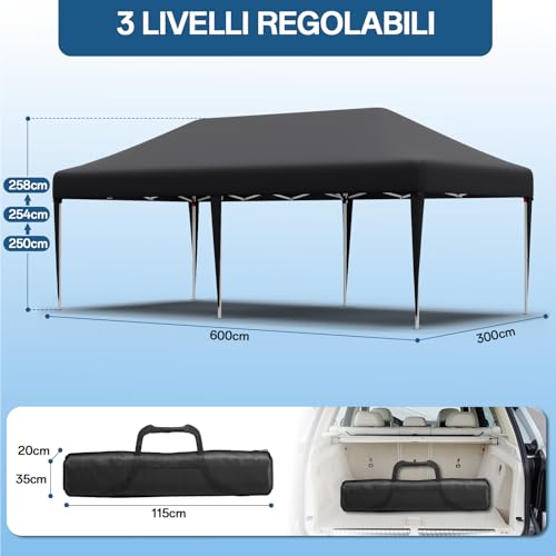 JUMMICO Pavillon 3x6 Wasserdicht Stabil Winterfest Höhe Verstellbar,Faltpavillon Partyzelt mit 6 Seitenwänden,Pavillion UV Schutz 50+,Gartenpavillon Faltzelt für Party,Hochzeit,Garten, Innenhof,Grau