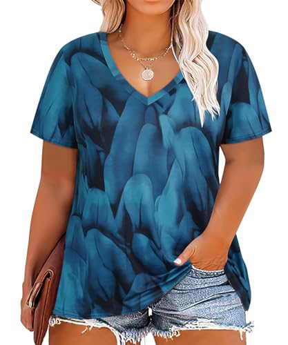 Image of RITERA Women Plus Size Tops Tie Dye V Neck Shirt Floral Camo Summer Short Sleeve Tunic Oversized Ladies Blouse XL-5XL