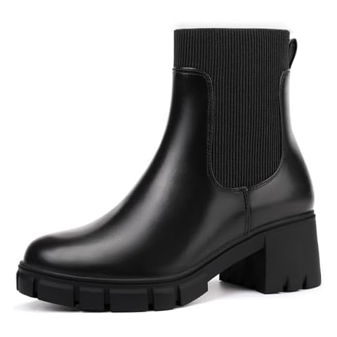 IDIFU Black Boots Chelsea Boots Elastic Ankle Boots for Women Platform Lug Sole Women's Boots Round Toe Low Chunky Block Heeled Booties Dress Fashion Casual Comfort Slip on Short Boots (Black, 7) Cover