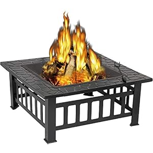 32” Outdoor Fire Pit Metal Square Firepit Backyard Patio Garden Stove Fireplace Faux-Stone Finish Wood Burning Fire Pit with Rain Cover & Poker