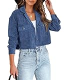 BTFBM Women's Corduroy Cropped Jacket 2024 Winter Fall Lapel Button Down Casual Short Shacket Jackets Coats with Pockets(Solid Haze Blue, Medium)