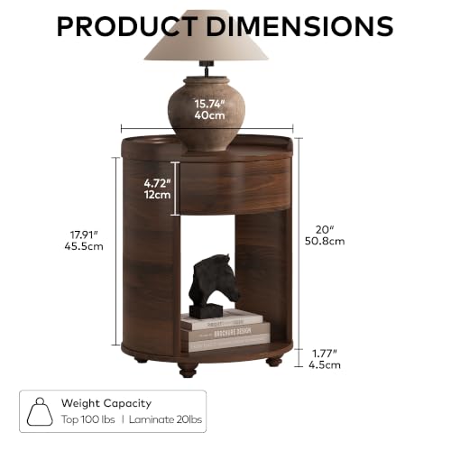 Image of Chogori Solid Wood End Table Set of 2 with Drawer & Storage Shelf - Walnut Round Accent Nightstand, Farmhouse Side Table for Small Spaces, Living Room, Easy Assembly