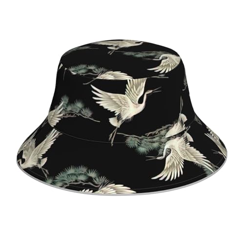 Gorra de pescador reflectante de doble cara con estampado de grulla y pino japonés para hombres y mujeres, para exteriores, playa, viajes, verano, negro, talla única, Negro, talla única