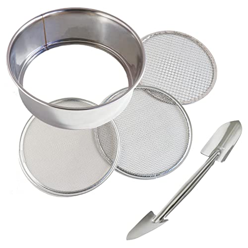 Wazakura Stainless Steel Soil Potting Set with 3PCS Soil Sieve Set and Soil Scoop, 3 Interchangeable Sieve Mesh Filter Sizes, Bonsai Gardening Tool Kit - Sieve + Scoop