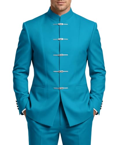 LAYEREDJPXZV Aqua Chinese Suits for Men Slim Fit 2 Piece Men's Mandarin Collar Suits Aqua with Buckle Chinese Tunic Suit for Wedding Prom Business XS