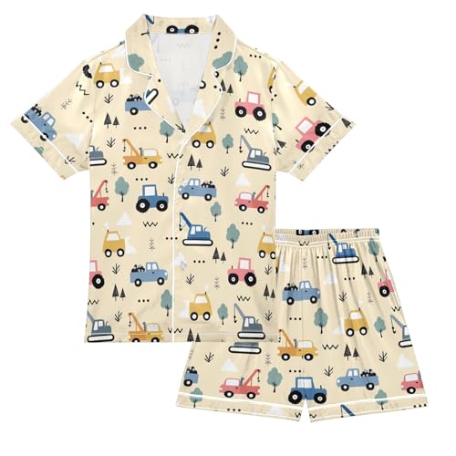 Cute Cartoon Colorful Cars Yellow Summer Satin Pajama Set, Cute Button-Down Sleepwear Pj Set for Sleep Wears