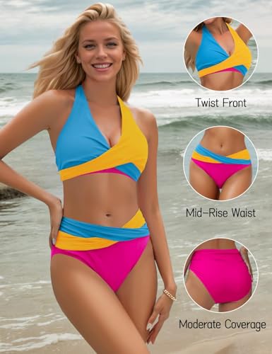 Image of Sopliagon Women's Bikini Sets Twist Front Two Piece Swimsuit Halter Bathing Suit