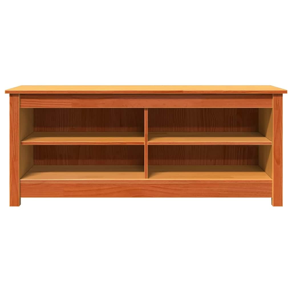 Ławka do siedzenia z miejscem do przechowywania, woskowobrązowa, 110 x 38 x 45,5 cm, wykonana z litego drewna sosnowego z 4 półkami, do korytarza, przedpokoju, wejścia, zajmuje mało miejsca i