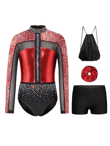 Justaucorps gymnastique fille avec strass léotard de danse ballet manches longues et short