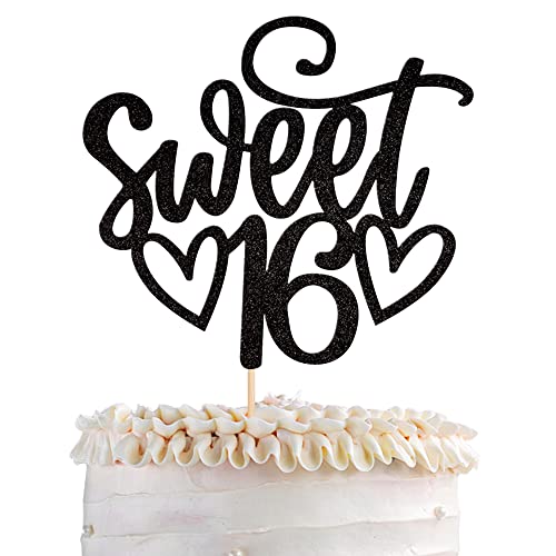 1 Pack Sweet Teenager 16 Cake Topper Glitter 16Th Birthday Cake Pick For Cheers To 16 Years Old 16Th Birthday Party Cake Decorations Supplies Black #TOP24