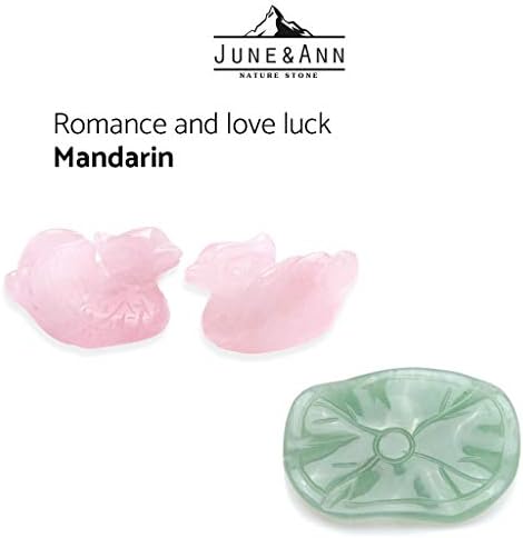 June&Ann Rose Quartz Mandarin Ducks, Natural Stone Love Birds on Green Aventurine Lotus Leaf Artwork, Crystal Feng Shui Figurine Valentine's Day Gift