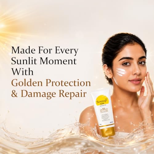 Image of Sunstop Gold Sunscreen Gel SPF 55 PA+++ | Broad Spectrum | Waterproof | Matte-finish Sunscreen | Gel-Based | Dermatologically Tested | Non-comedogenic | Hypoallergenic | Safe for Sensitive Skin | 50g