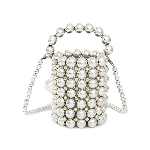 YIFEI Damen Metallische farbige Perlen Acryl handgefertigte Eimertasche mit abnehmbarer Kette, Silber (silber), Medium Cover