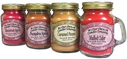 4 Pack Fall Assortment Mini Mason Jar Candles – 3.5 Oz Caramel Pecan, 3.5 Oz Mulled Cider, 3.5 Oz Pumpkin Spice, 3.5 Oz Macintosh Apple, by Our Own Candle Company