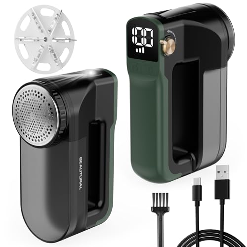 BEAUTURAL Quitapelusas Eléctrico USB-C Recargable con 3 Velocidades, Pantalla LED, Luz Frontal y Cuchillas de 6 Hojas – Ideal para Ropa, Muebles y Todo Tipo de Telas, Color Verde